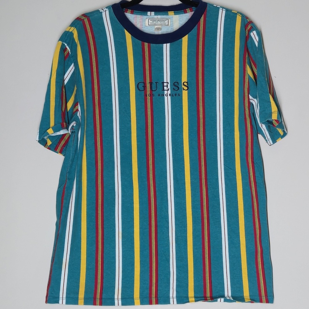 Vintage Guess Jeans T Shirt Mens Small Blue Striped 90s Embroidered